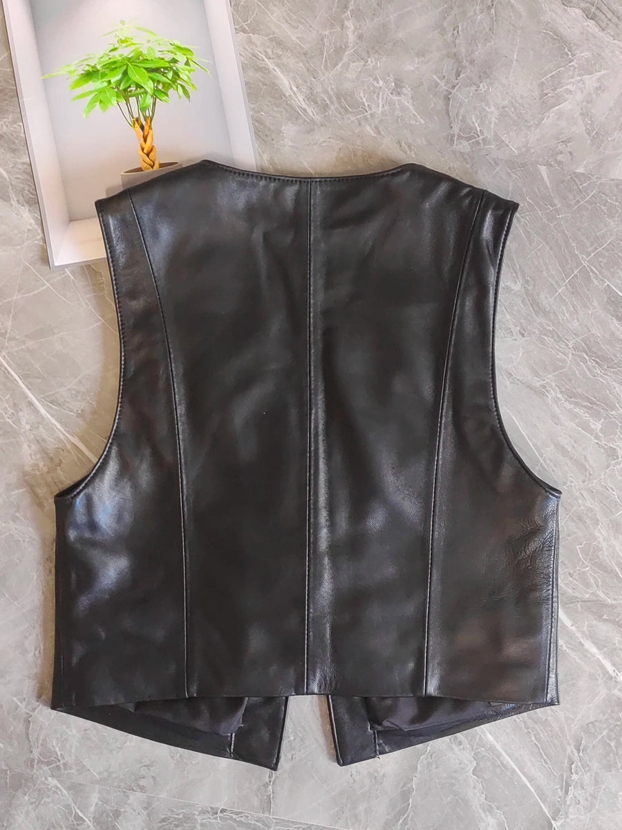Women's Fall Winter Straight Vest Black Office Leather Cropped Zip Workwear for Date Night Holiday Party