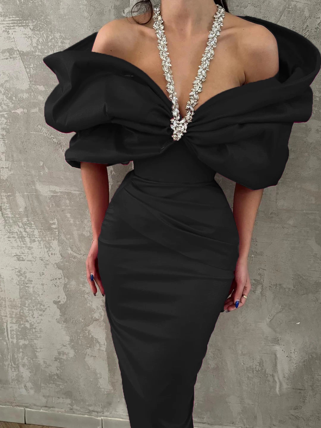 Women's Crystal Designer Evening Dress Formal Midi Dress Party Dress Formal Party Wedding Guest Dress