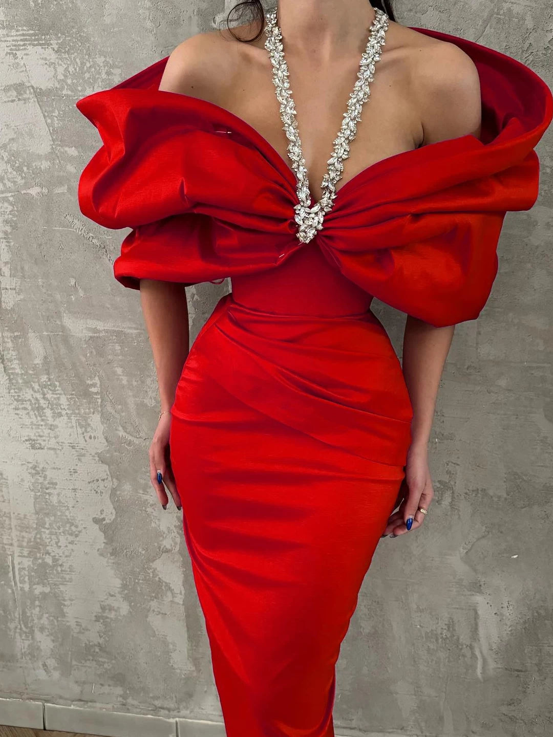 Women's Crystal Designer Evening Dress Formal Midi Dress Party Dress Formal Party Wedding Guest Dress