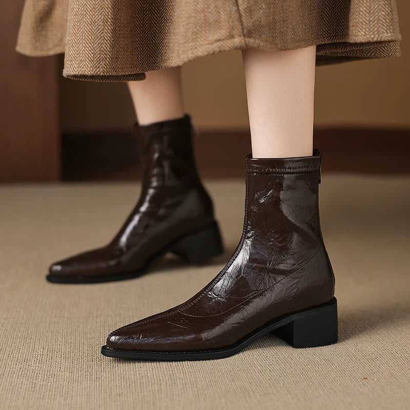 Women's Fall Winter Pointed Toe High Heel Slim-fit Zip British-style Martin Combat Boots Ankle for Office and Weekend Streetwear Everyday Wear Slimming