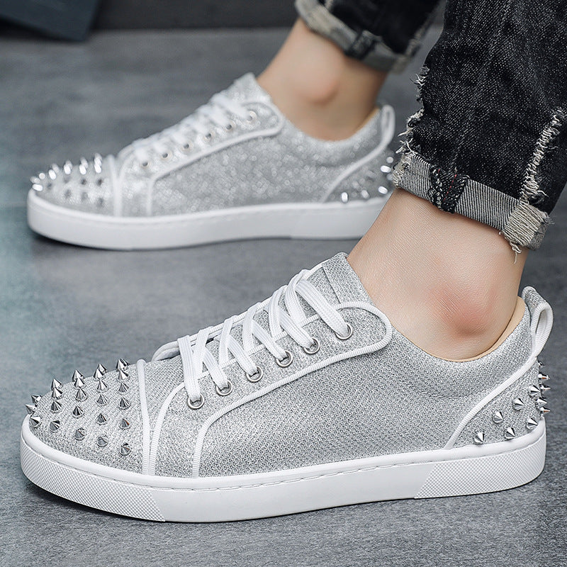 Men's Studded Casual White Sneakers Platform Fashion Sneakers Walking Travel Weekend