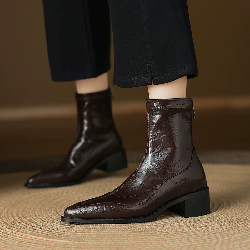 Women's Fall Winter Pointed Toe Block Heel Slim-fit Zip French-inspired Slim Ankle Boots for Office and Weekend Streetwear Everyday Wear Slimming