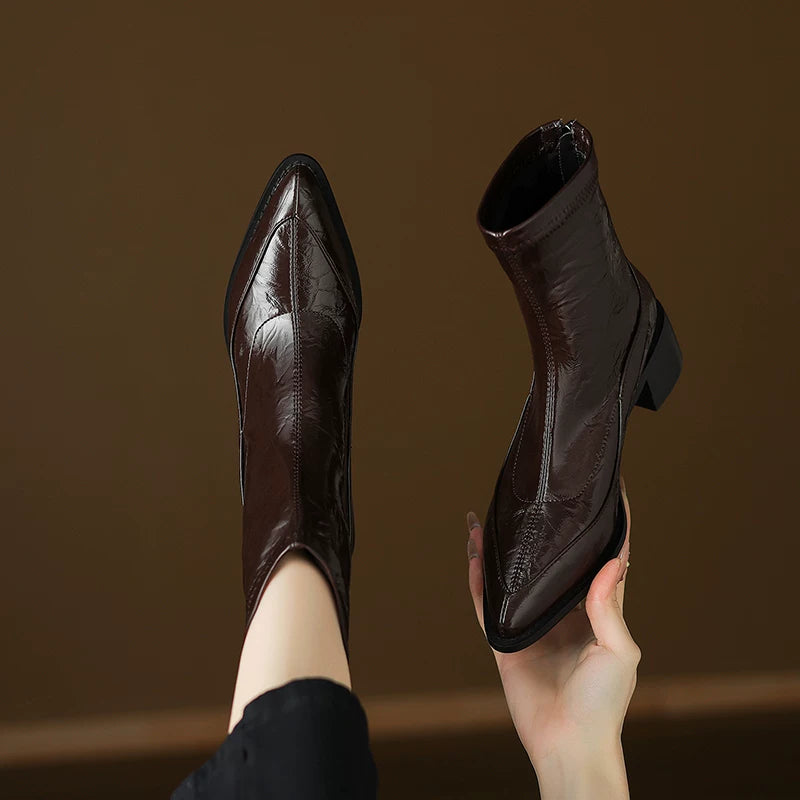 Women's Fall Winter Pointed Toe Block Heel Slim-fit Zip French-inspired Slim Ankle Boots for Office and Weekend Streetwear Everyday Wear Slimming