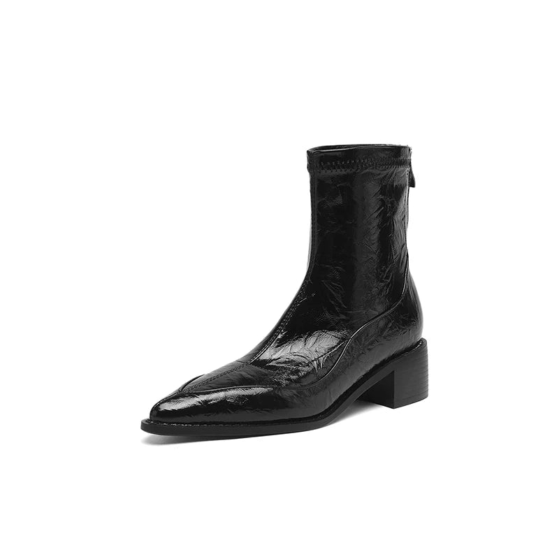 Women's Fall Winter Pointed Toe Block Heel Slim-fit Zip French-inspired Slim Ankle Boots for Office and Weekend Streetwear Everyday Wear Slimming