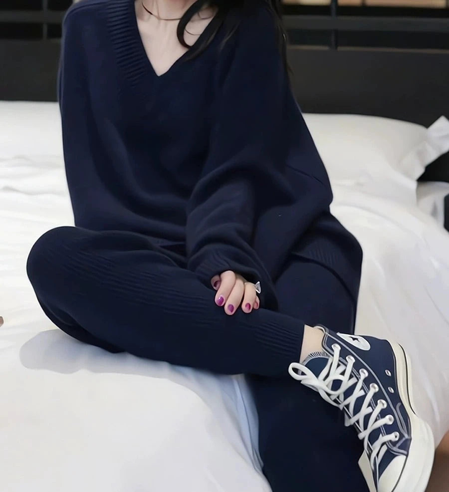 Women's Knit V-Neck Long Sleeve Skinny Pants Wide-Leg for Office Outfits Business Casual Work Travel Comfort Weekend