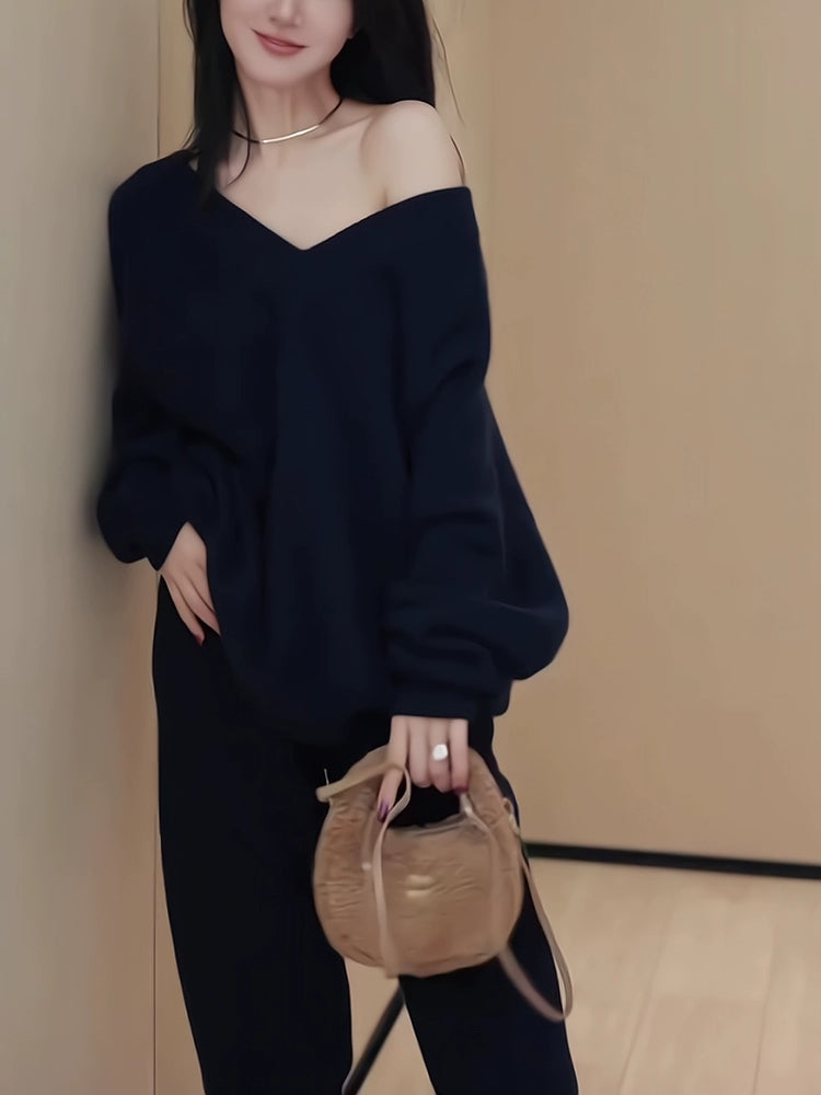 Women's Knit V-Neck Long Sleeve Skinny Pants Wide-Leg for Office Outfits Business Casual Work Travel Comfort Weekend