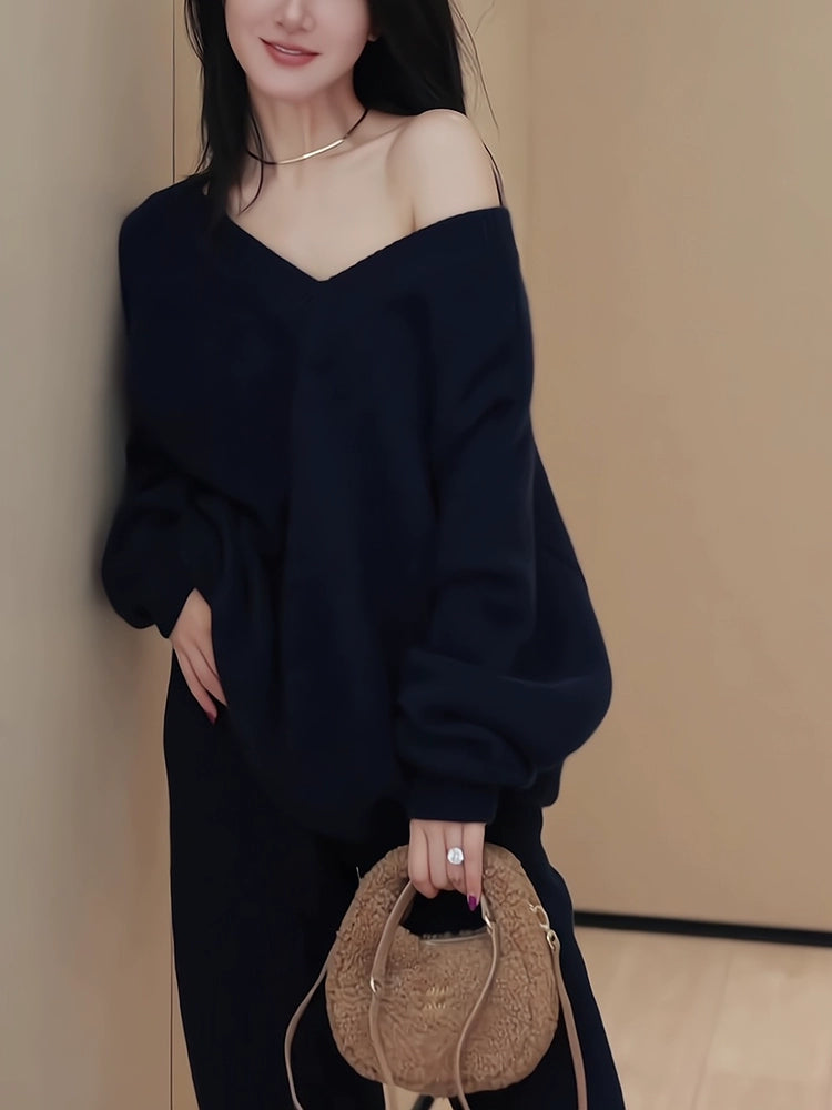 Women's Knit V-Neck Long Sleeve Skinny Pants Wide-Leg for Office Outfits Business Casual Work Travel Comfort Weekend