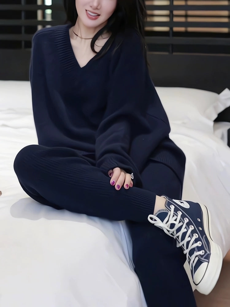 Women's Knit V-Neck Long Sleeve Skinny Pants Wide-Leg for Office Outfits Business Casual Work Travel Comfort Weekend