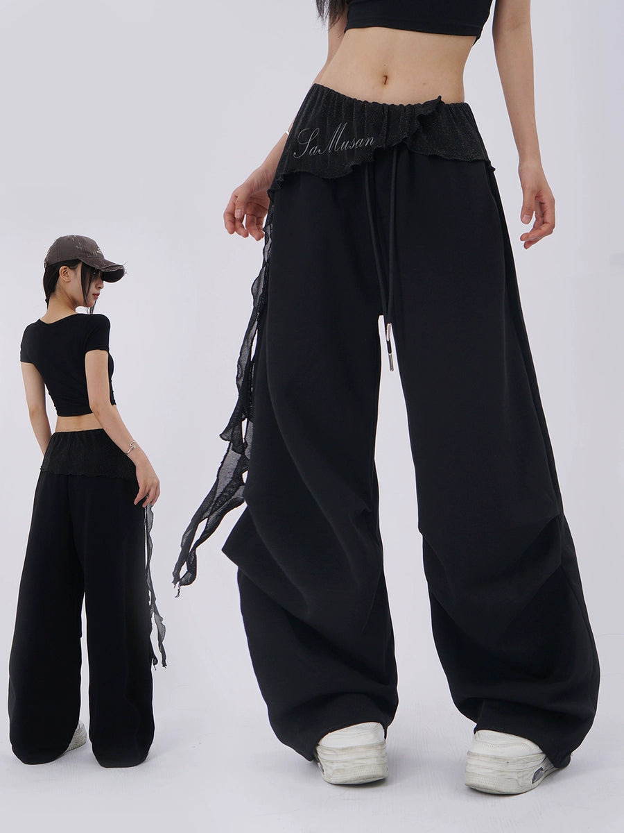 Women's Cargo Pocket Hip-Hop Black Workwear Breathable Mesh Oversized Wide-Leg Pants for Office Outfits Business Casual Travel Comfort Weekend Everyday