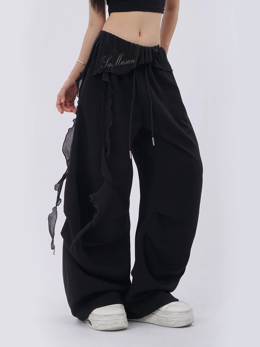 Women's Cargo Pocket Hip-Hop Black Workwear Breathable Mesh Oversized Wide-Leg Pants for Office Outfits Business Casual Travel Comfort Weekend Everyday