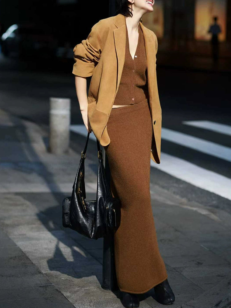 Women's Vest Brown Knit High-Waist Three-Piece Set Outfit for Office Workwear Wedding Guest Business Casual Travel Weekend At Home