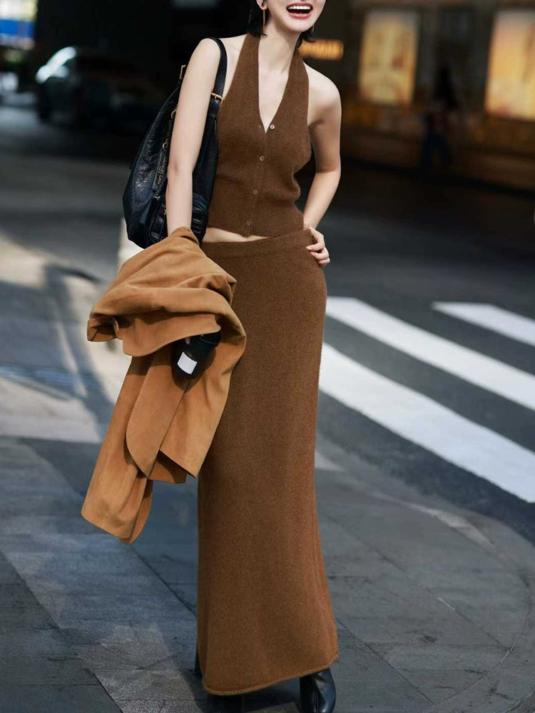 Women's Vest Brown Knit High-Waist Three-Piece Set Outfit for Office Workwear Wedding Guest Business Casual Travel Weekend At Home