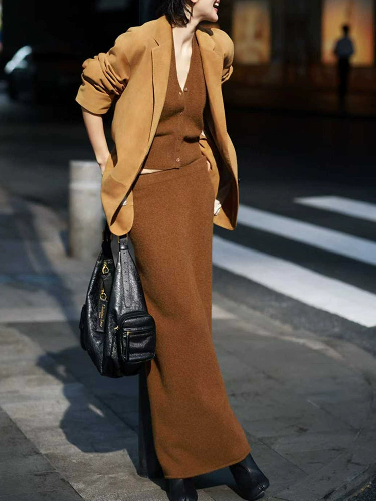 Women's Vest Brown Knit High-Waist Three-Piece Set Outfit for Office Workwear Wedding Guest Business Casual Travel Weekend At Home