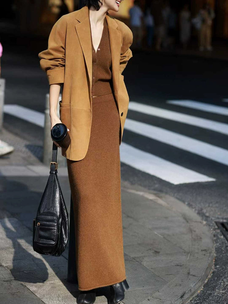 Women's Vest Brown Knit High-Waist Three-Piece Set Outfit for Office Workwear Wedding Guest Business Casual Travel Weekend At Home