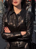 Women's Black Lapel Leather Cropped Evening Jacket Casual Coat for Cold Weather Fall Travel Outdoor Holiday