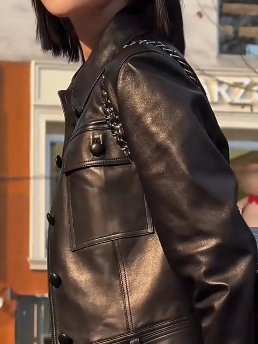 Women's Black Lapel Leather Cropped Evening Jacket Casual Coat for Cold Weather Fall Travel Outdoor Holiday