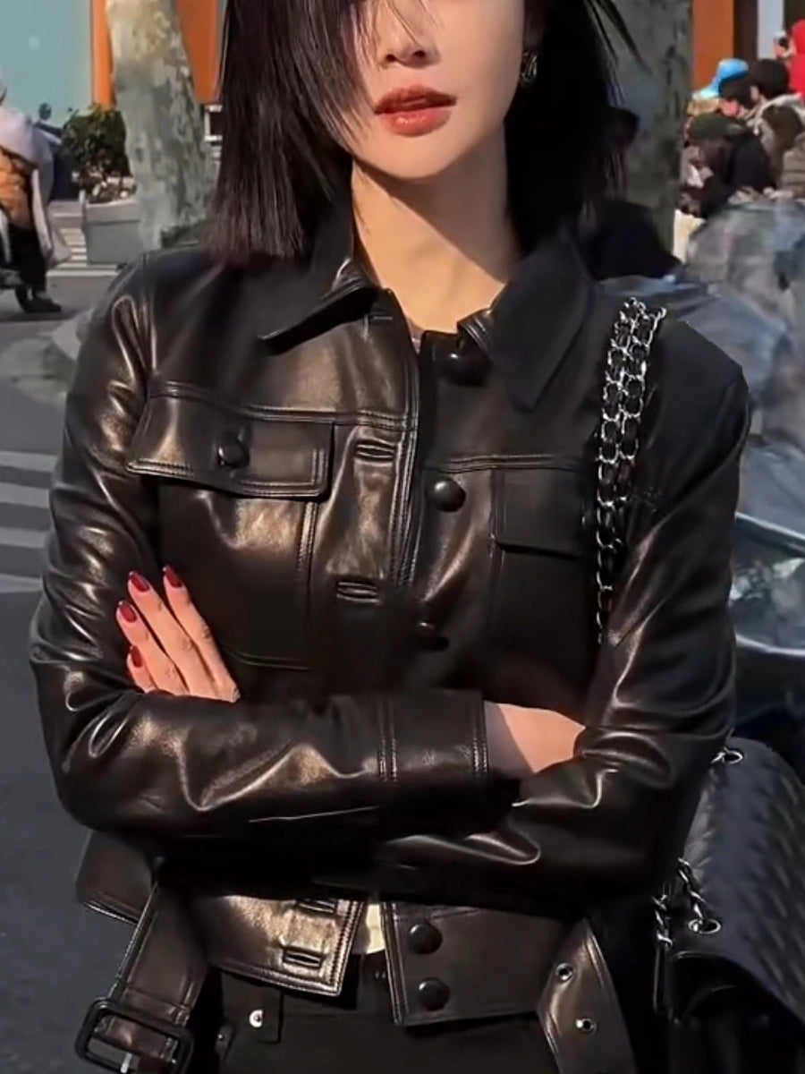 Women's Black Lapel Leather Cropped Evening Jacket Casual Coat for Cold Weather Fall Travel Outdoor Holiday