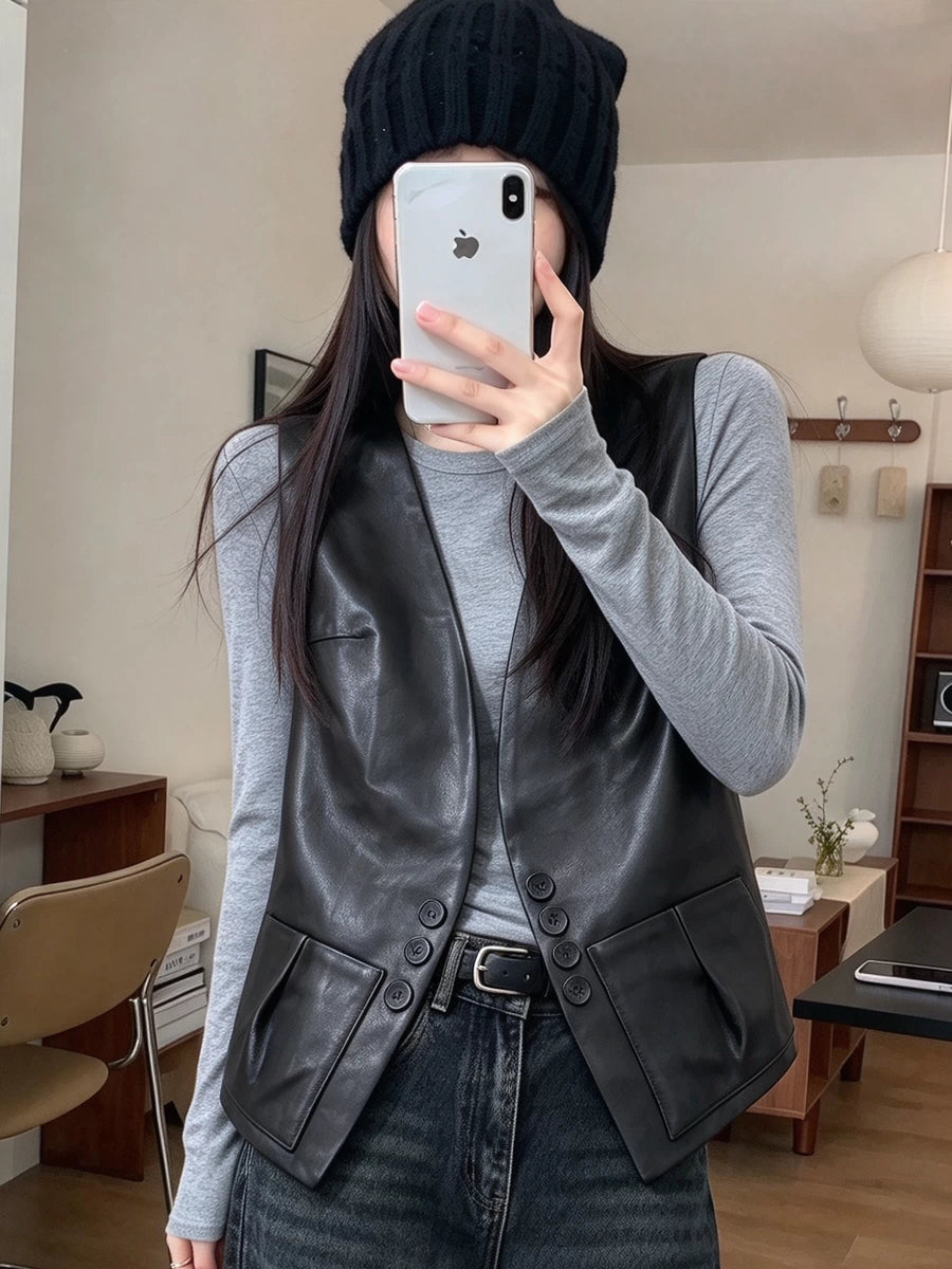 Women's Vest Office Leather Slim-fit Cropped Workwear Cardigan for Date Night Everyday Fall Winter Slimming Holiday Party