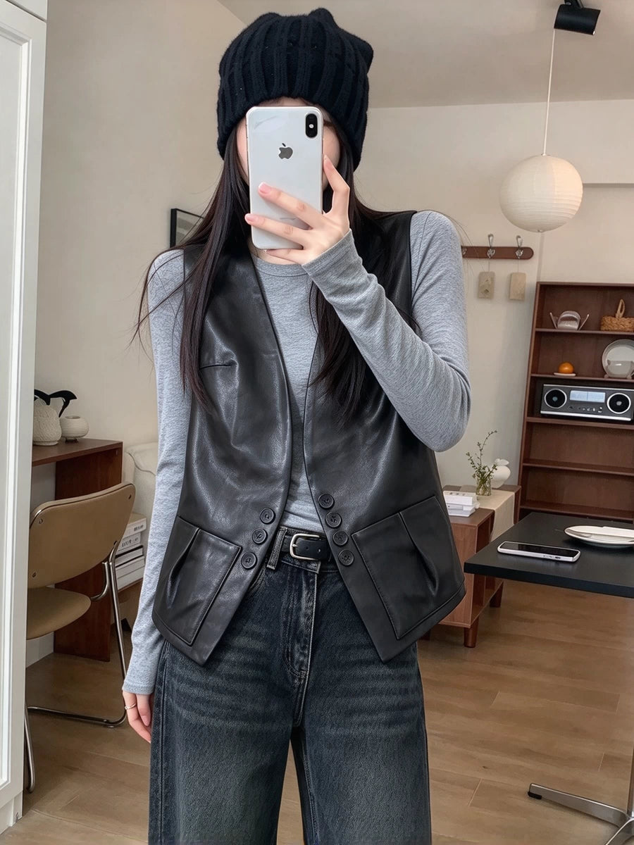 Women's Vest Office Leather Slim-fit Cropped Workwear Cardigan for Date Night Everyday Fall Winter Slimming Holiday Party