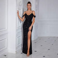 Women's Glitter Slit Slim-Fit Off-Shoulder High-Waist Party Evening Dress Formal Midi Dress for Black Tie Wedding Guest Cocktail Prom Date Night