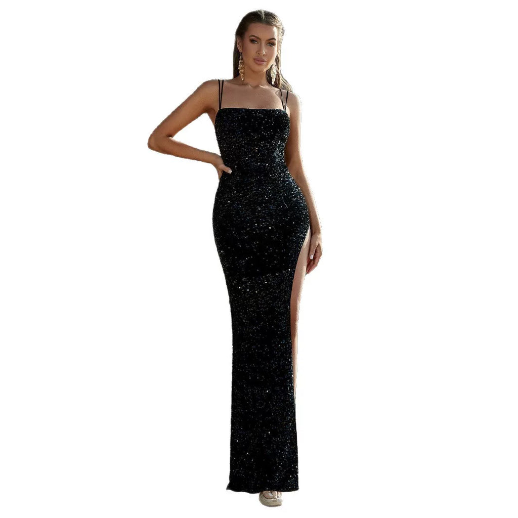 Women's Glitter Slit Slim-Fit Party Evening Dress Formal Midi Dress for Black Tie Wedding Guest Cocktail Prom Date Night