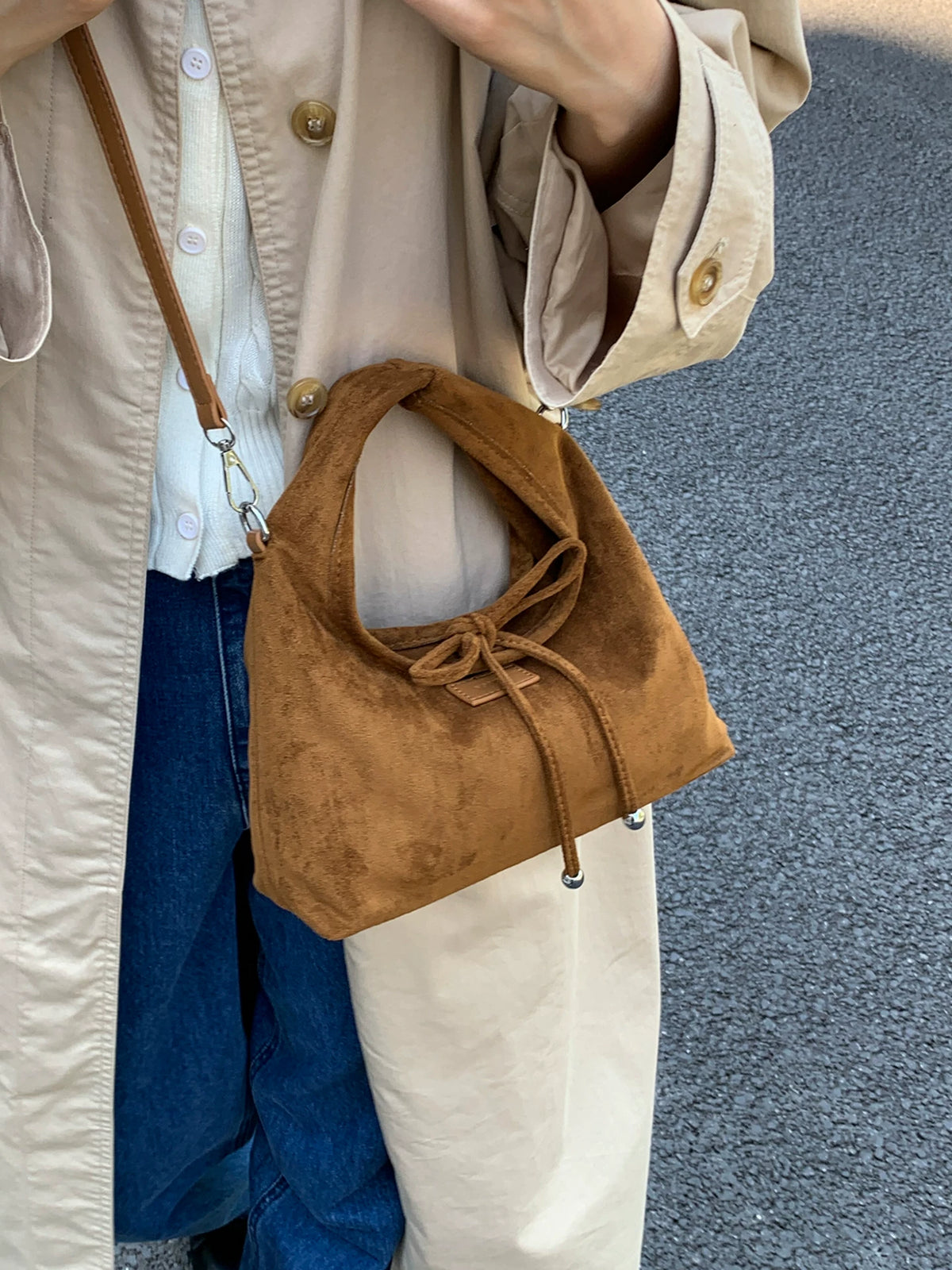Women's Spring Summer Suede-look Brown-tone Retro Dumpling Bag Soft Crossbody Purse Work Travel Everyday Purse