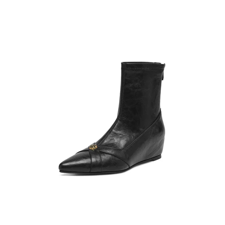 Women's Fall Winter Hidden Lift Pointed Toe Block Heel Slim-fit Zip Retro Martin Combat Boots Ankle for Office and Weekend Streetwear Everyday Wear Slimming
