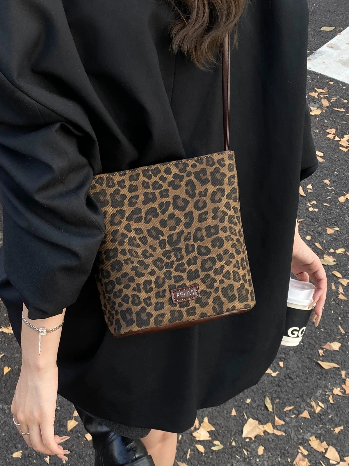Women's Frosted Spring Summer Leopard Suede Retro Bucket Bag Drawstring Shoulder Purse Work Travel Everyday Purse