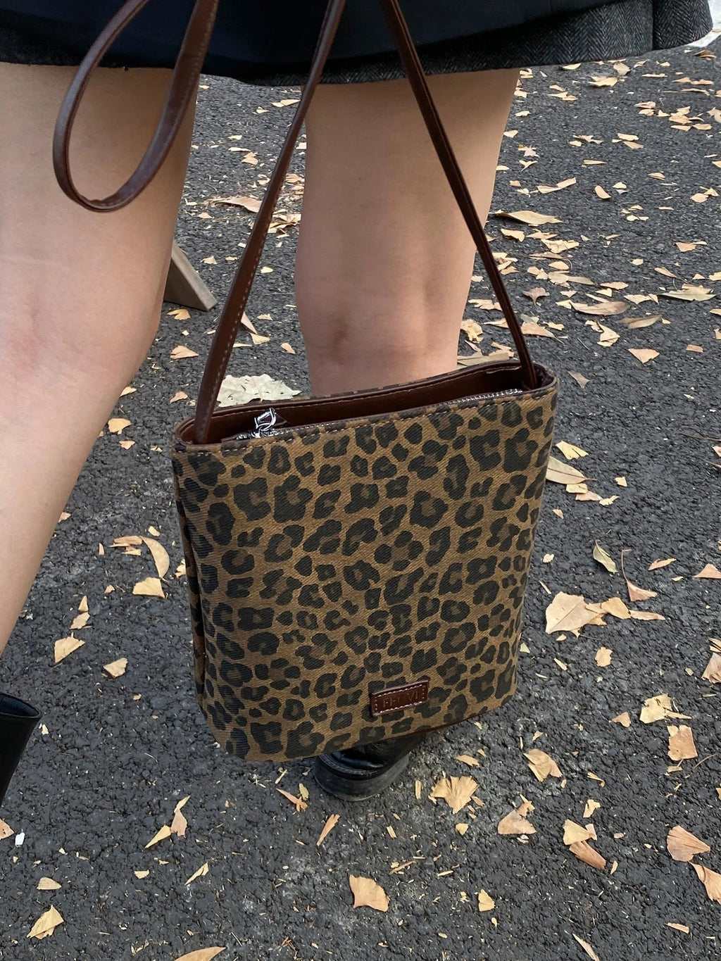 Women's Frosted Spring Summer Leopard Suede Retro Bucket Bag Drawstring Shoulder Purse Work Travel Everyday Purse