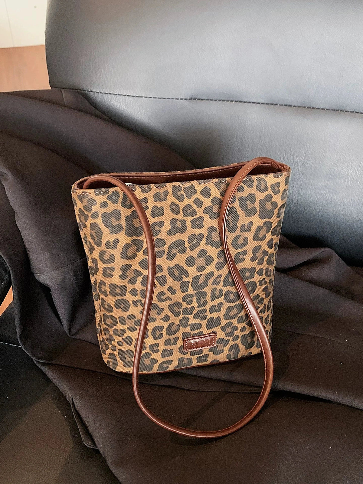 Women's Frosted Spring Summer Leopard Suede Retro Bucket Bag Drawstring Shoulder Purse Work Travel Everyday Purse