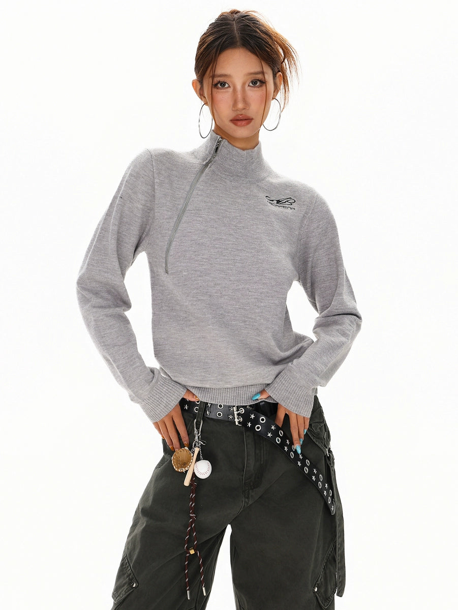 Women's Mock Neck Oversized Cropped Zip Retro Sweater Knit Pullover Top for Fall Winter Spring Travel Office Everyday