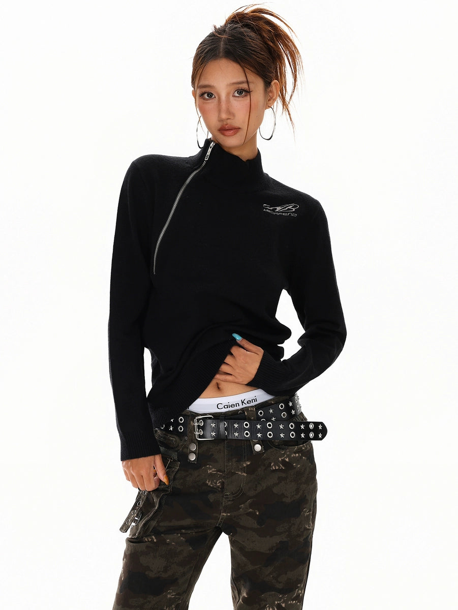 Women's Mock Neck Oversized Cropped Zip Retro Sweater Knit Pullover Top for Fall Winter Spring Travel Office Everyday