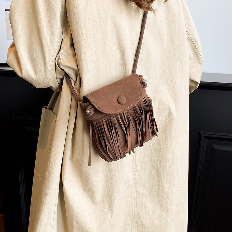 Women's Large-Capacity Minimalist Tassel Suede-Look Hong Kong Vintage Retro Casual Handbag Shoulder Crossbody Purse for Work and Travel Office School Everyday