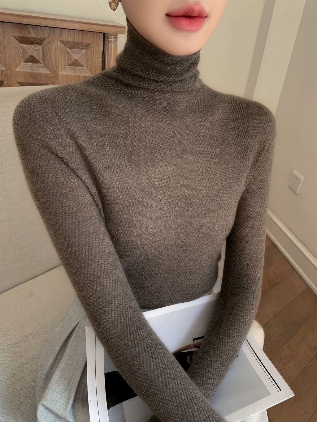 Women's Wool Fall Winter Herringbone Sweater Knit Pullover Top for Casual Outfits Spring Travel Office Everyday Date Night