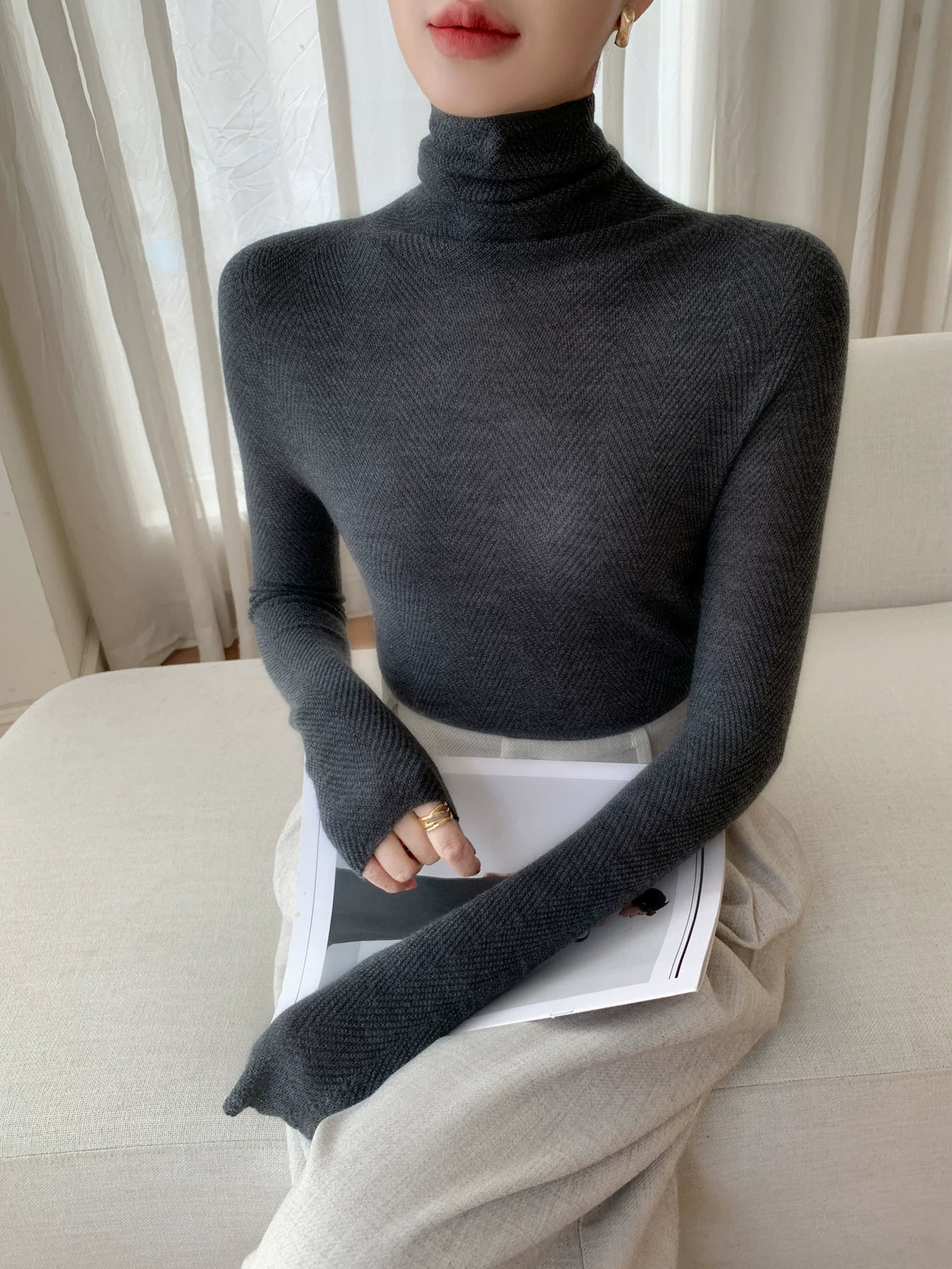 Women's Wool Fall Winter Herringbone Sweater Knit Pullover Top for Casual Outfits Spring Travel Office Everyday Date Night