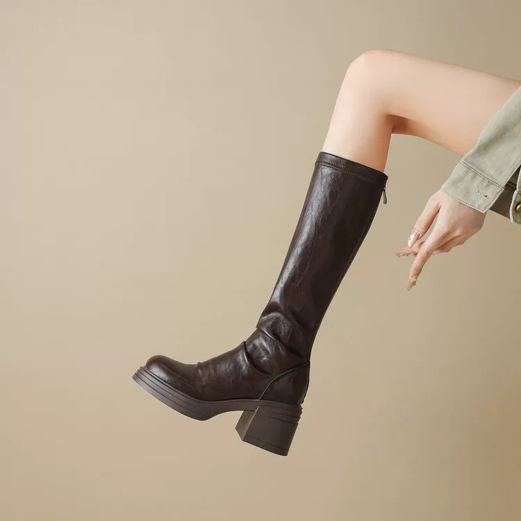Women's Fall Winter Chunky Sole Block Heel Petite Slim-fit Martin Combat Boots for Office and Weekend Streetwear Everyday Wear Slimming