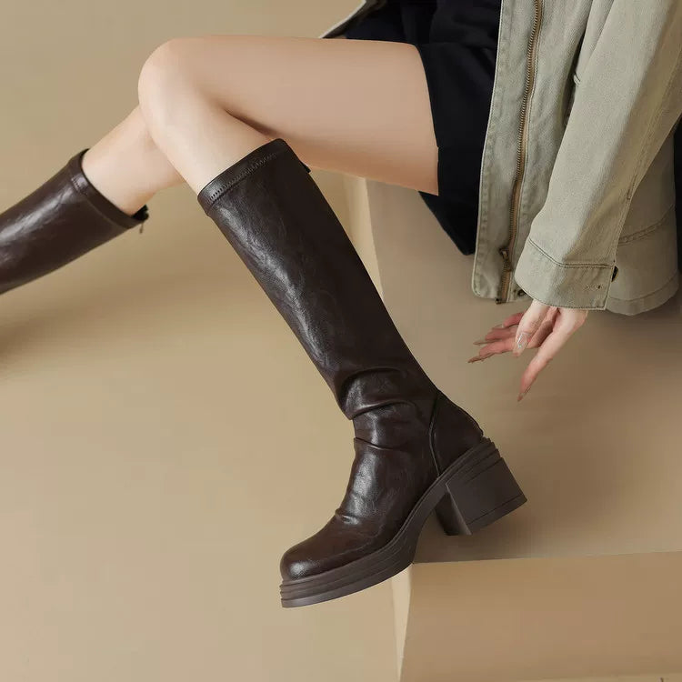 Women's Fall Winter Chunky Sole Block Heel Petite Slim-fit Martin Combat Boots for Office and Weekend Streetwear Everyday Wear Slimming