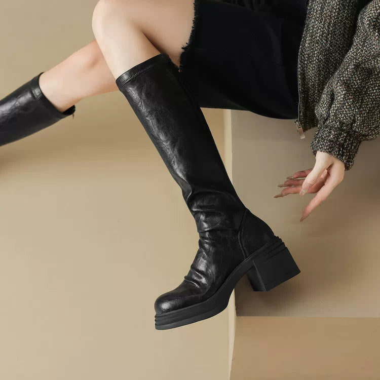 Women's Fall Winter Chunky Sole Block Heel Petite Slim-fit Martin Combat Boots for Office and Weekend Streetwear Everyday Wear Slimming