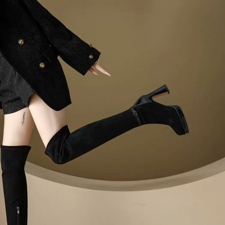 Women's Leather Square Toe Block Heel High Heel Slim-fit French-inspired Retro Boots for Fall Outfits Streetwear Winter Slimming Office and Weekend Everyday
