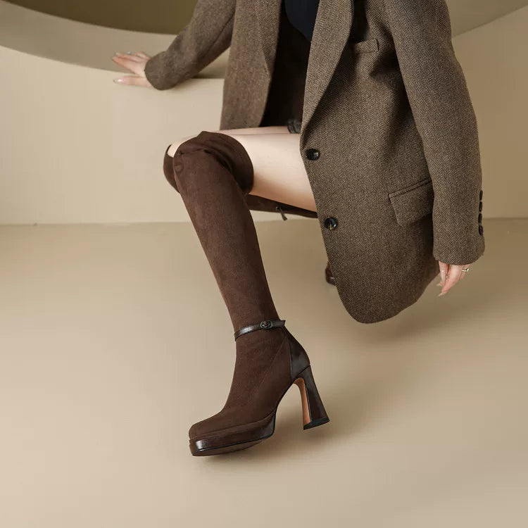 Women's Leather Square Toe Block Heel High Heel Slim-fit French-inspired Retro Boots for Fall Outfits Streetwear Winter Slimming Office and Weekend Everyday