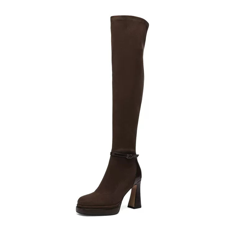Women's Leather Square Toe Block Heel High Heel Slim-fit French-inspired Retro Boots for Fall Outfits Streetwear Winter Slimming Office and Weekend Everyday