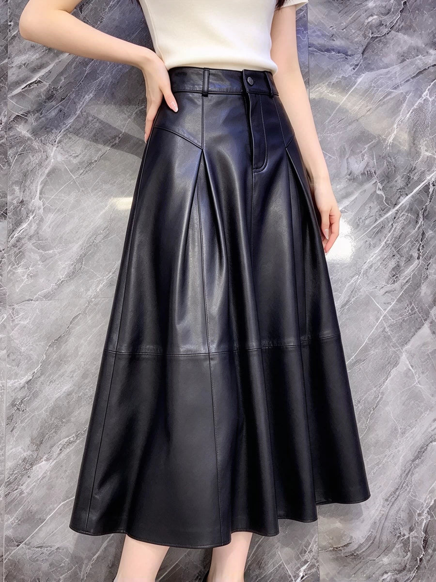 Women's Fall Winter Leather-Look Office A-Line Maxi Workwear Skirt Weekend Everyday