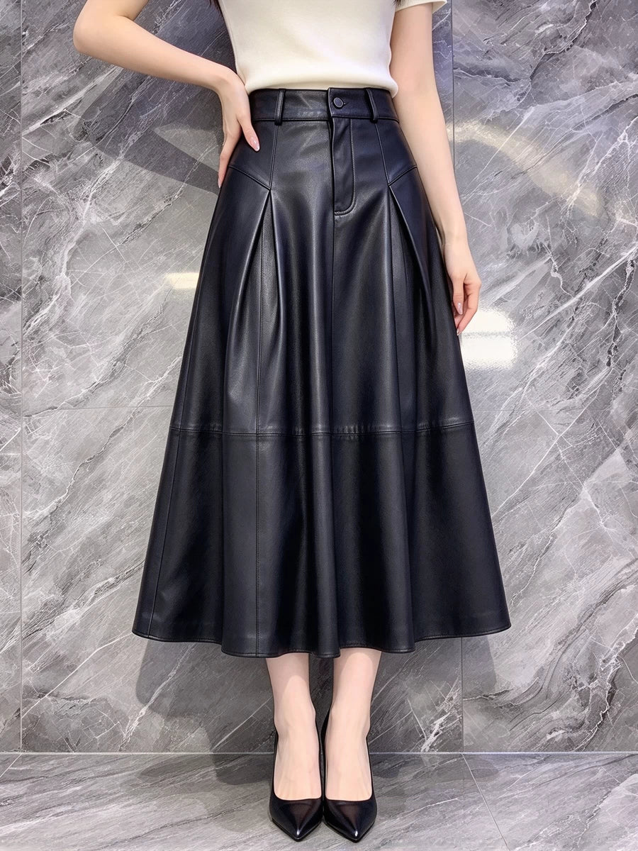 Women's Fall Winter Leather-Look Office A-Line Maxi Workwear Skirt Weekend Everyday