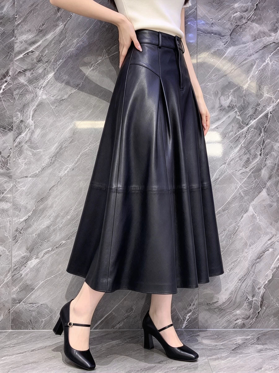 Women's Fall Winter Leather-Look Office A-Line Maxi Workwear Skirt Weekend Everyday