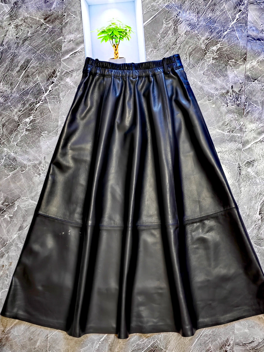 Women's Fall Winter Leather-Look Office A-Line Maxi Workwear Skirt Weekend Everyday
