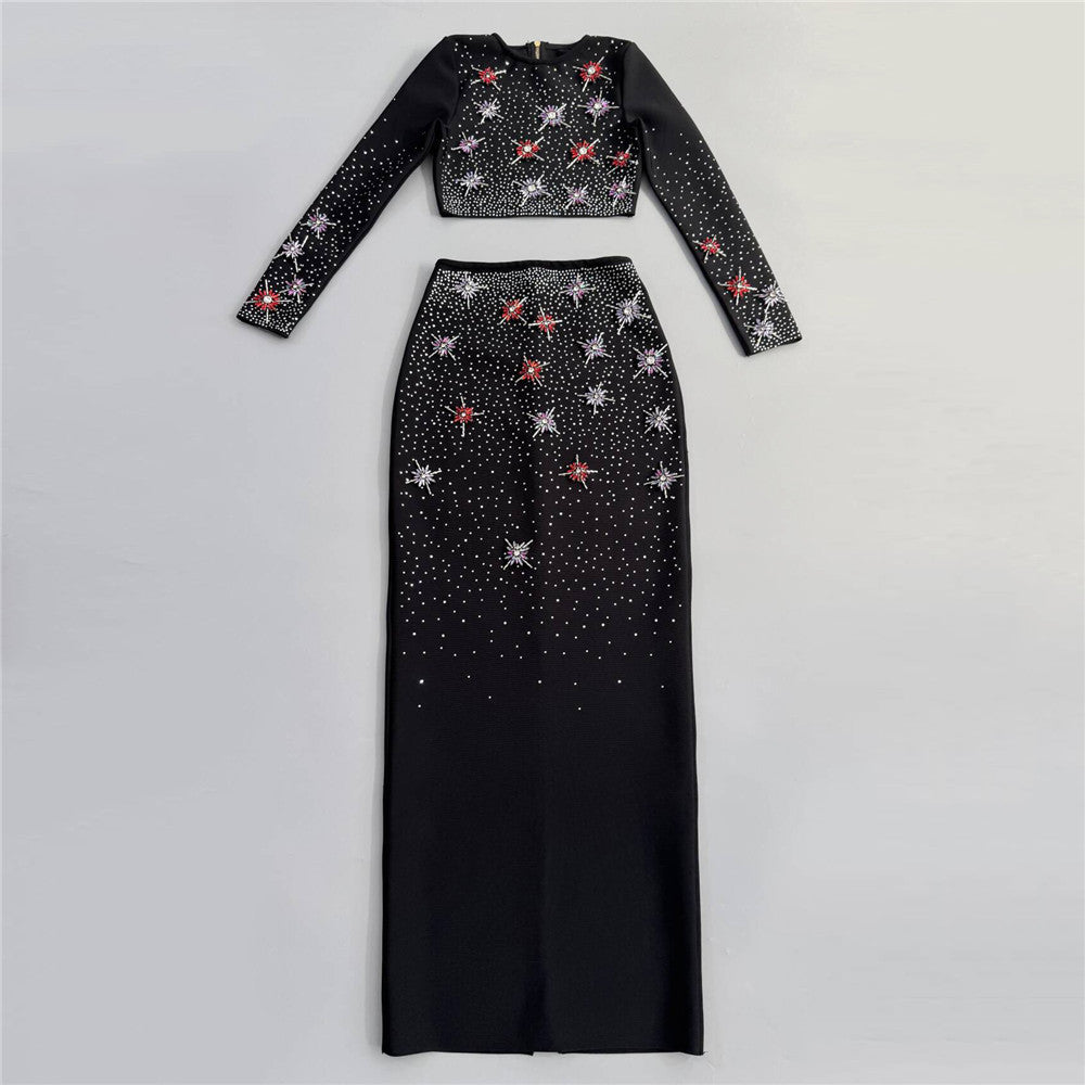 Women's Heavy-Duty Maxi Crystal Long Sleeve Casual Two-Piece Set for Office Workwear Wedding Guest Business Travel Weekend At Home