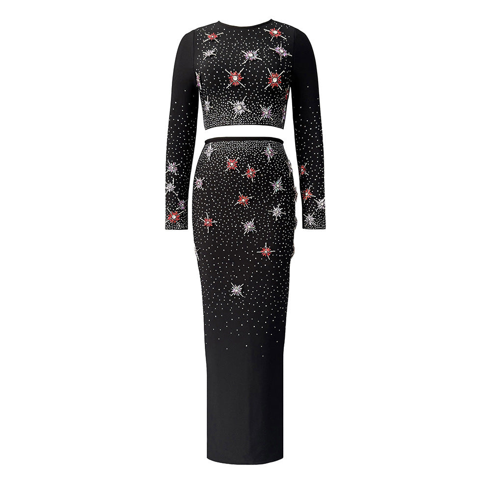 Women's Heavy-Duty Maxi Crystal Long Sleeve Casual Two-Piece Set for Office Workwear Wedding Guest Business Travel Weekend At Home