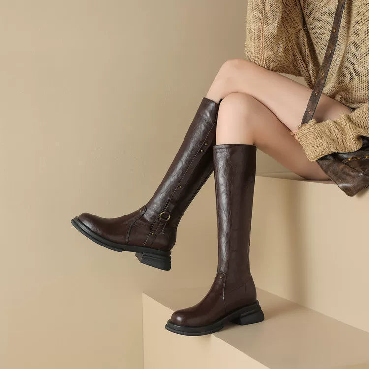 Women's Chunky Sole Fleece-Lined Petite Tall Riding Boots for Fall Outfits Streetwear Winter Office and Weekend Everyday Wear