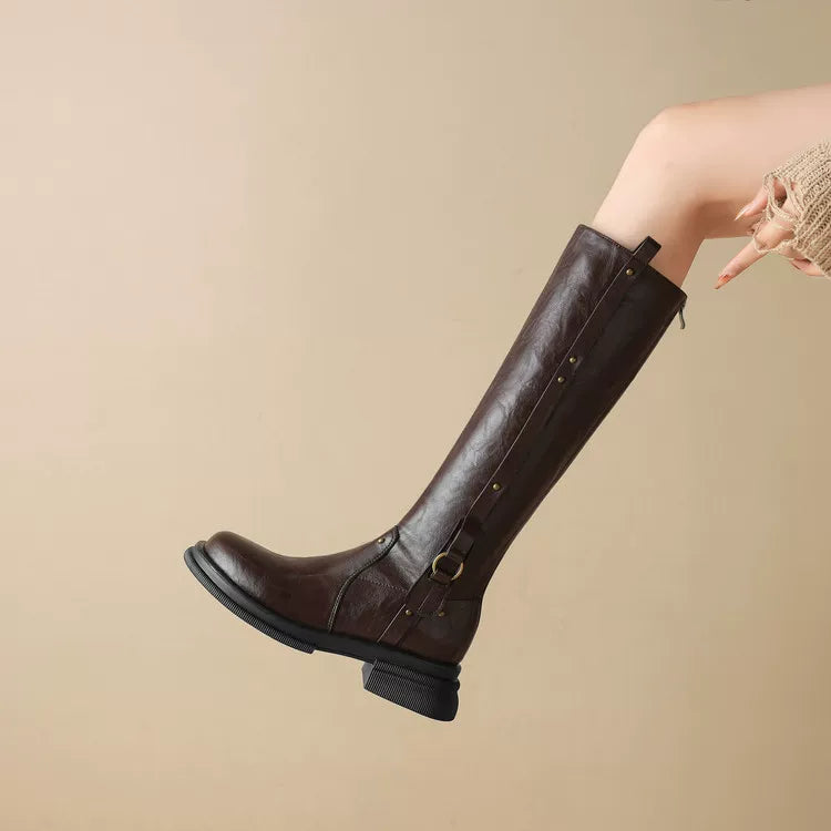 Women's Chunky Sole Fleece-Lined Petite Tall Riding Boots for Fall Outfits Streetwear Winter Office and Weekend Everyday Wear