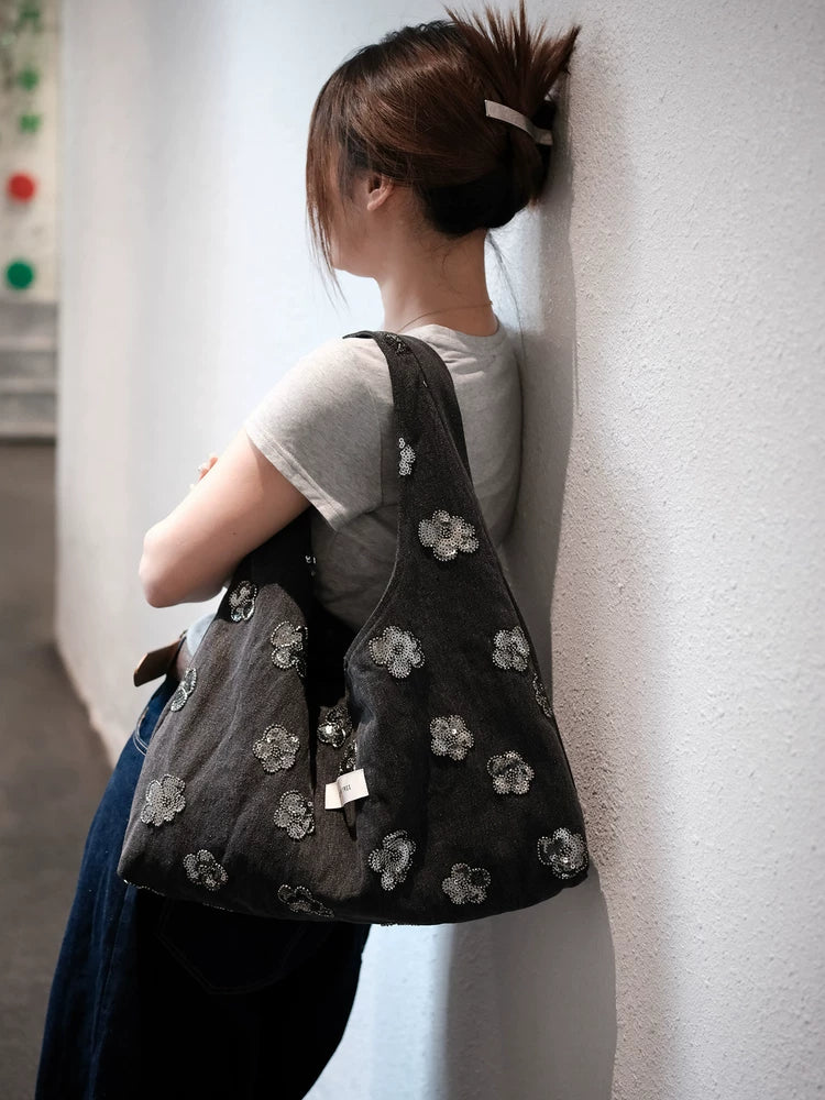 Women's Large-capacity Canvas Floral Elegant Hobo Bag Slouchy Shoulder Purse Work Travel Everyday Purse